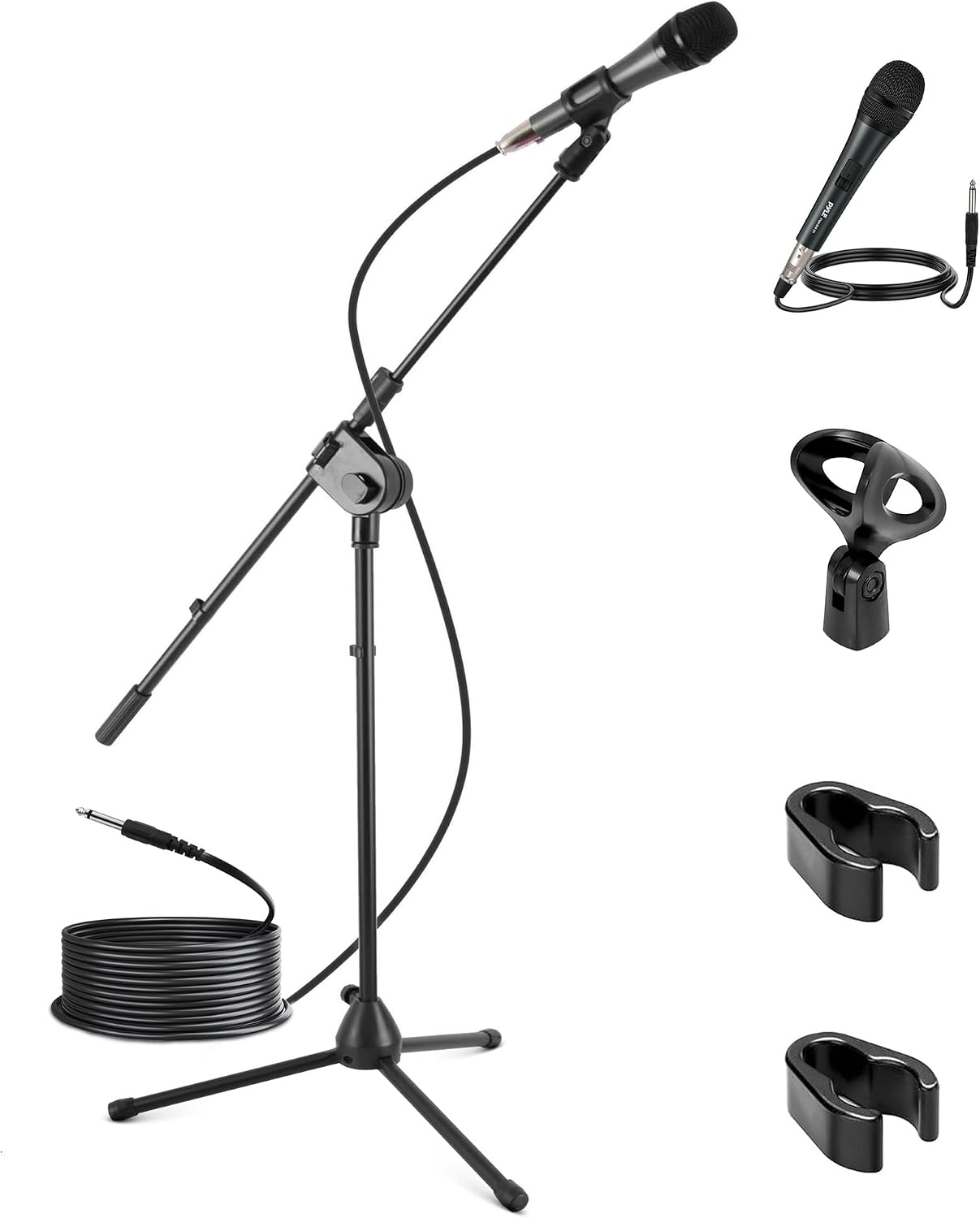 Pyle Dynamic Microphone and Tripod Stand - Height Adjustable from 2.6' to 5.1' ft and Telescoping Boom Arm Mic Length 7.48'' Inch w/Acoustic Pop Filter - Includes 15' ft XLR Cable PMKSM20