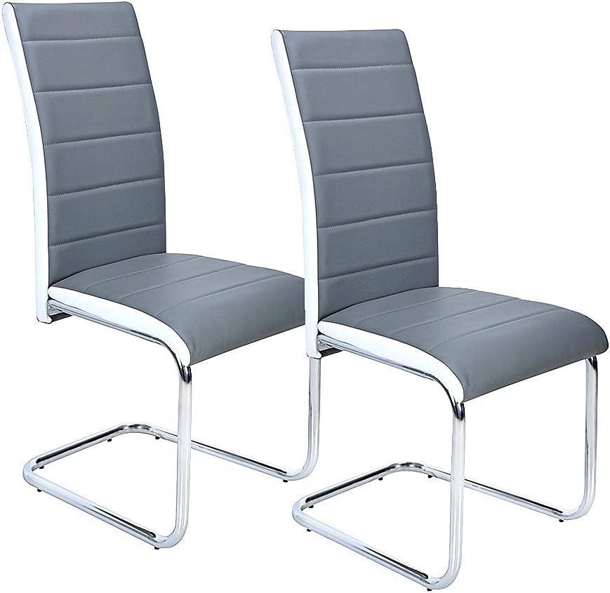 Panana Modern Dining Chair, Grey Faux Leather, High Back Dining Chairs with Chrome Base (2)