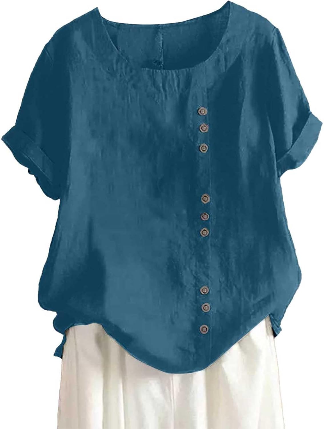 Linen Shirts for Women 2025 Summer Vintage Solid Color Short Sleeve Casual Oversized Round Neck Floral Graphic Tees