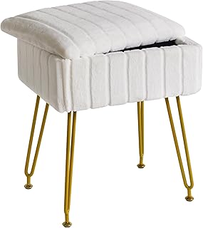 IBUYKE Stool Chair with Storage Space, Footrest Footstool Ottoman, Small Side Table, with 4 Metal Legs, with Anti-Slip Feet, for Makeup Room, Bedroom, White, Faux Fur LG-50W