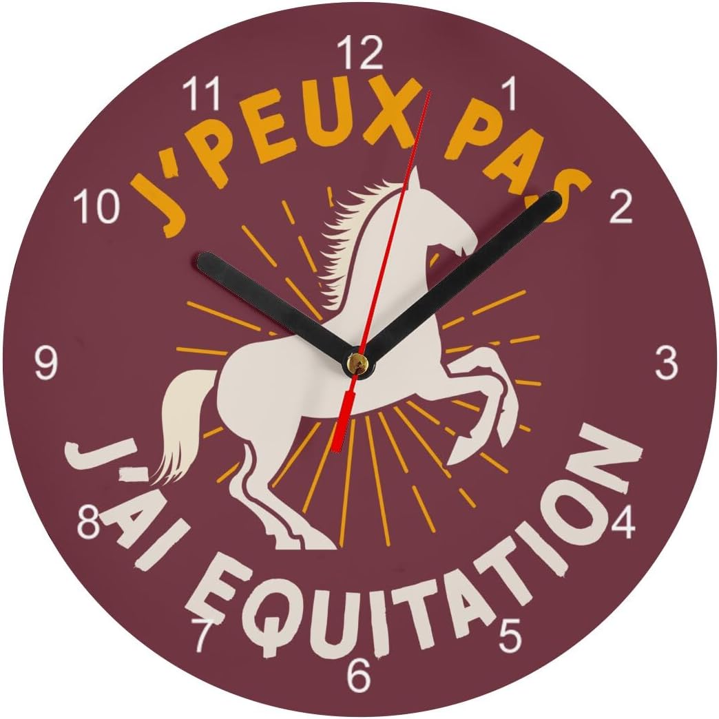 Fabulous Glass Wall Clock "J'Peux Pas J'Ai Horseback Riding Horse Pony Dressage Diameter 20 cm Red
