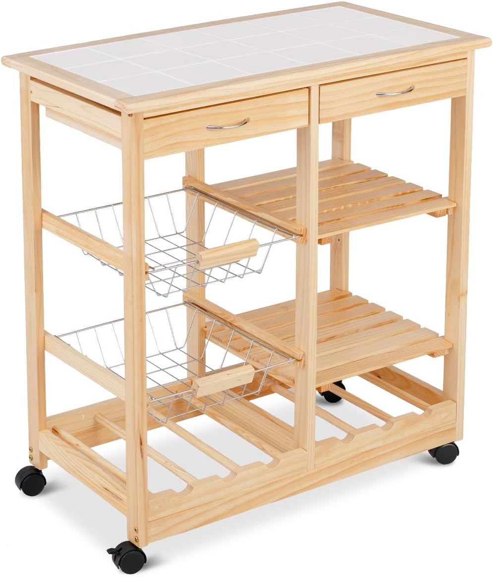 COSTWAY Kitchen Serving Trolley, Rolling Storage Bar Cart with Tile Worktop, Wine Racks, Mesh Baskets, Drawers & Shelves, Wooden Kitchen Island on Wheels for Home Restaurant (Natural)