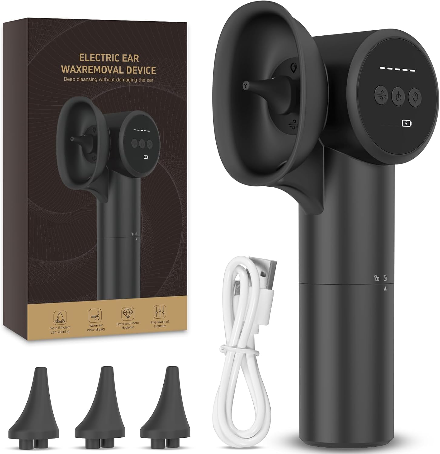 Ear Wax Removal Tool, Earwax Removal Kit, Wush Ear Cleaner, Ear Wax Remover with 5 Cleaning Modes for Home Use Adult Kids, 3 Disposable Tips, USB Rechargeable