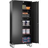 Aobabo Garage Storage Cabinet with Wheels,72" H Metal Storage Cabinet with 2 Doors and 4 Adjustable Shelves for Garage Home Storage, Black,Required-Assembly