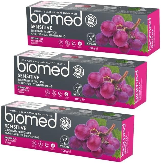 Biomed Sensitive 98% Natural Toothpaste | Sensitivity & Enamel Strengthening | Red Grape Seed Extract, Vegan, SLES Free 100g, Pack of 3