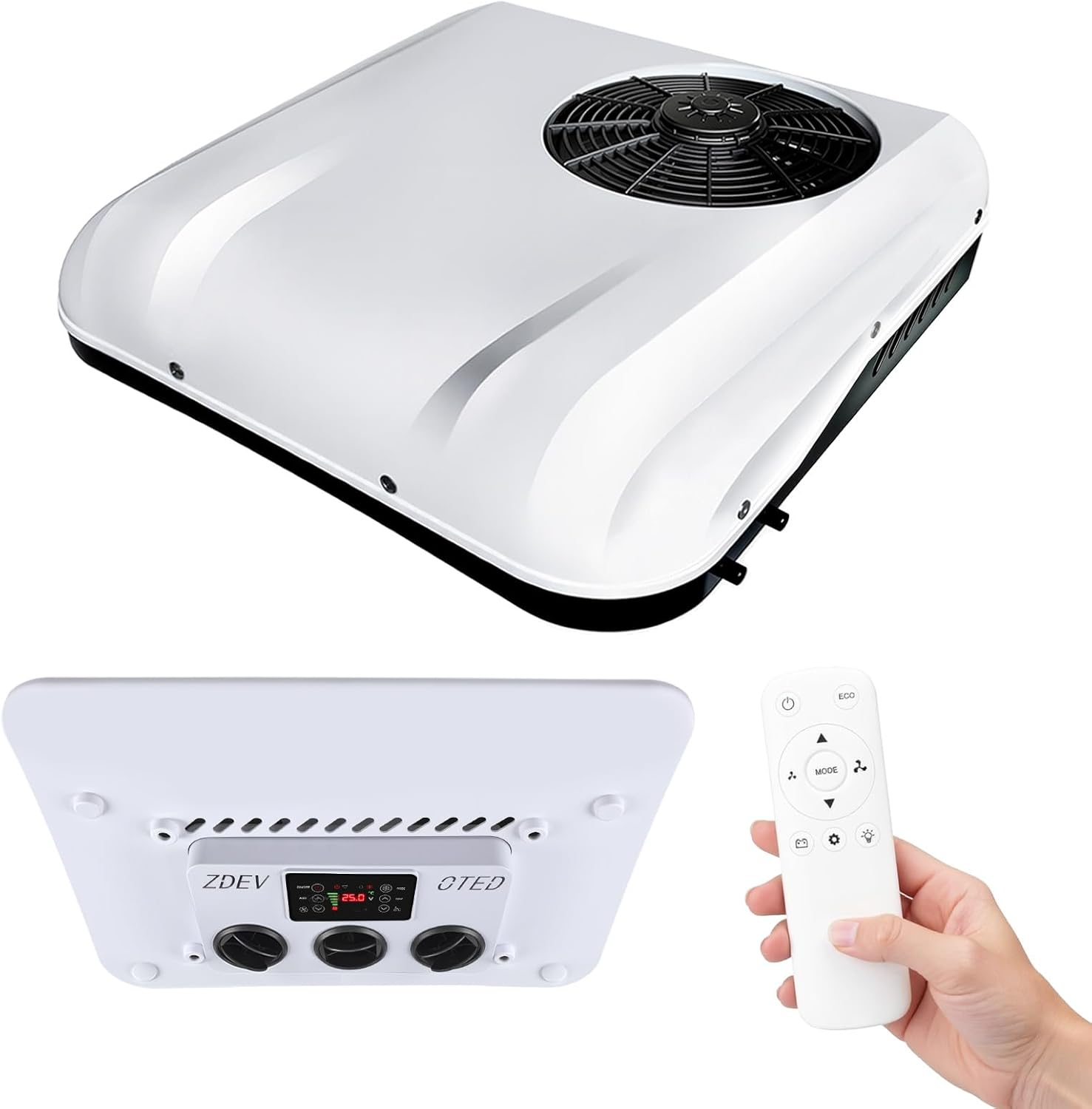 DC 24V rooftop RV air conditioner cool & heat mini ultra-thin ductless cooling fast air conditioner unit is fit for RVs trucks vans campers tractors construction vehicles and excavators.