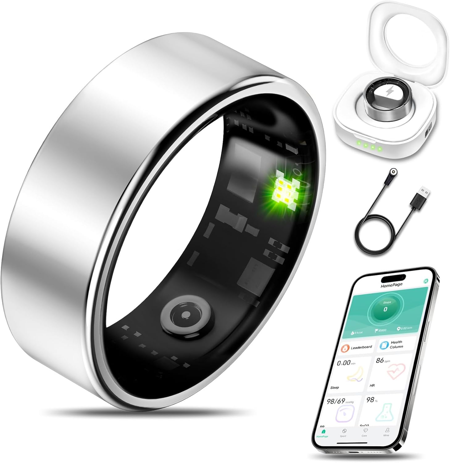 Smart Health Ring for Women Men Fitness Tracker with Heart Rate, Blood Oxygen, Blood Pressure, Sleep Monitoring, Step Counting, IP68 Waterproof for iOS and Android, No Subscription Fee, Silver 6