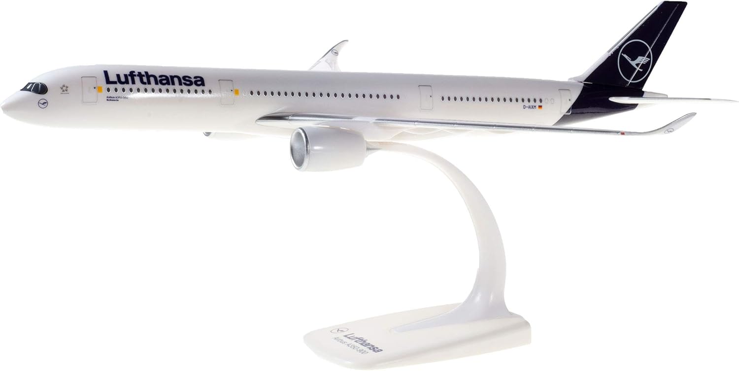 herpa 612258 - Airbus A350-900, Lufthansa Passenger Aeroplane, Wings, Model Aeroplane with Stand, Aviator, Model Making, Miniature Models, Collector's Item, Plastic, 1:200 Scale