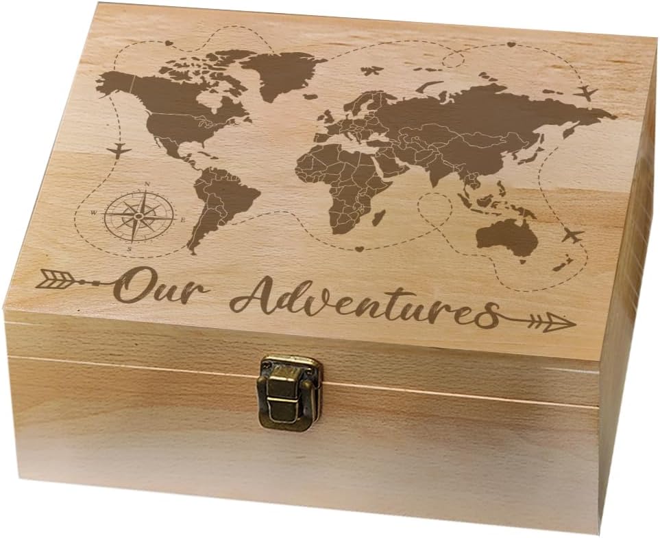 arricraft 1 Pcs Wooden Memory Keepsake Boxes, 24.5x19.5x10.3cm Worldwide Map Wooden Box with Lids Our Adventures Storage Decorative Box for Souvenirs Photos Letter Postcards