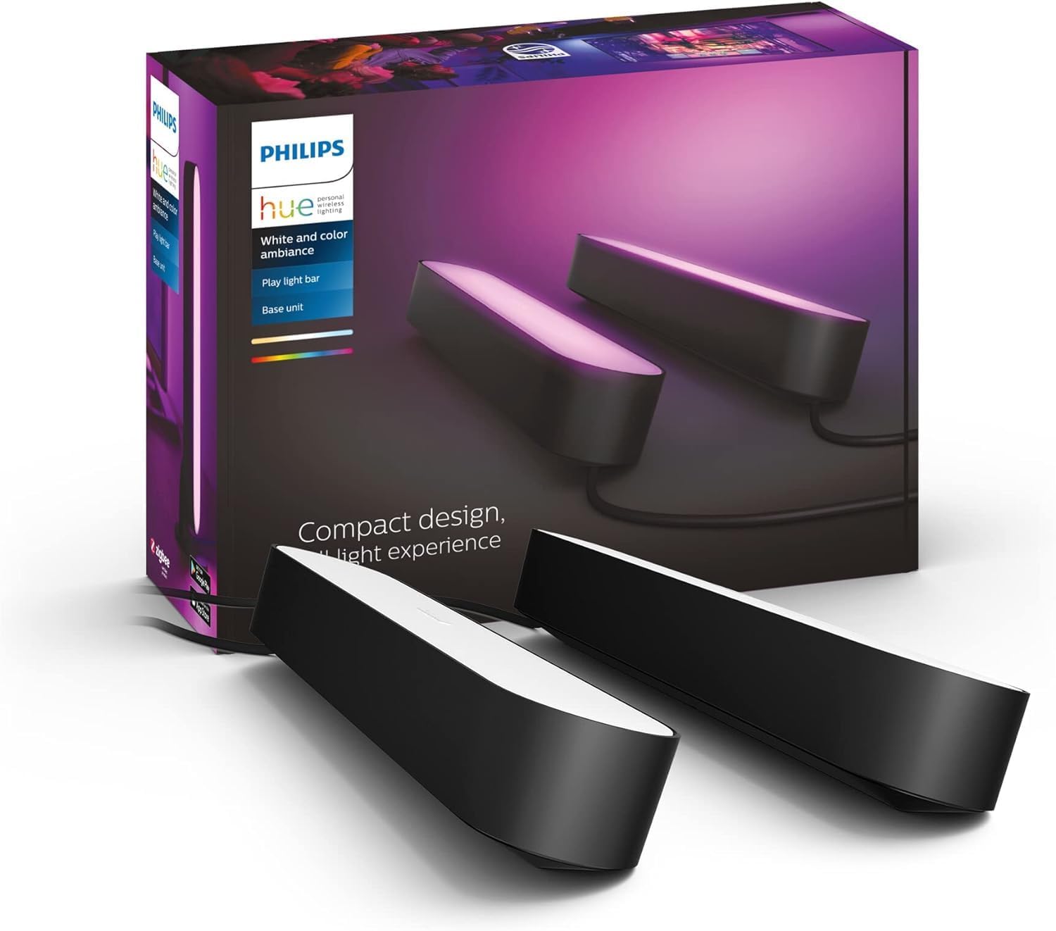 Philips Hue Play White and Colour Ambiance Smart Light Bar Double Pack Base Unit, Entertainment Lighting for TV and Gaming (Works with Alexa, Google Assistant and Apple HomeKit), Black