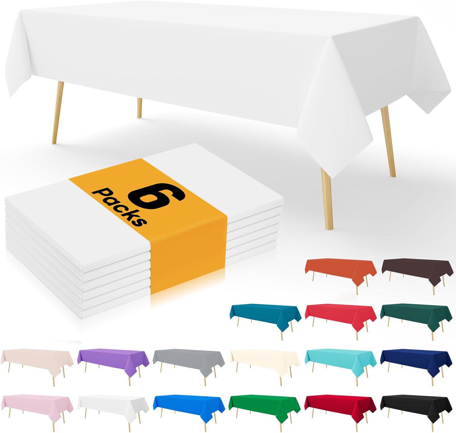 Smiry Disposable Table Cloth - 6 Pack, 54 x 108 Inch Table Cloths for Parties, Decorative Tablecloths for Rectangle Tables, Waterproof Plastic Table Cover, Leakproof & Sturdy, White
