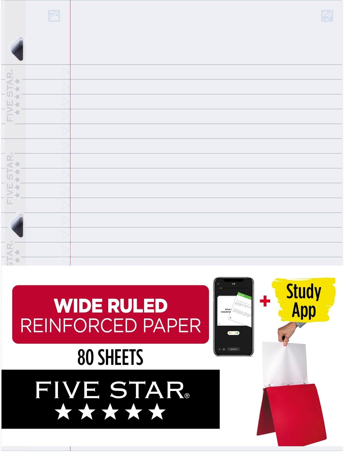 Five Star Loose Leaf Paper Plus Study App, Notebook Paper, Wide Ruled Filler Paper, Reinforced, Fights Ink Bleed, 8 x 10.5, 80 Sheets (150002)