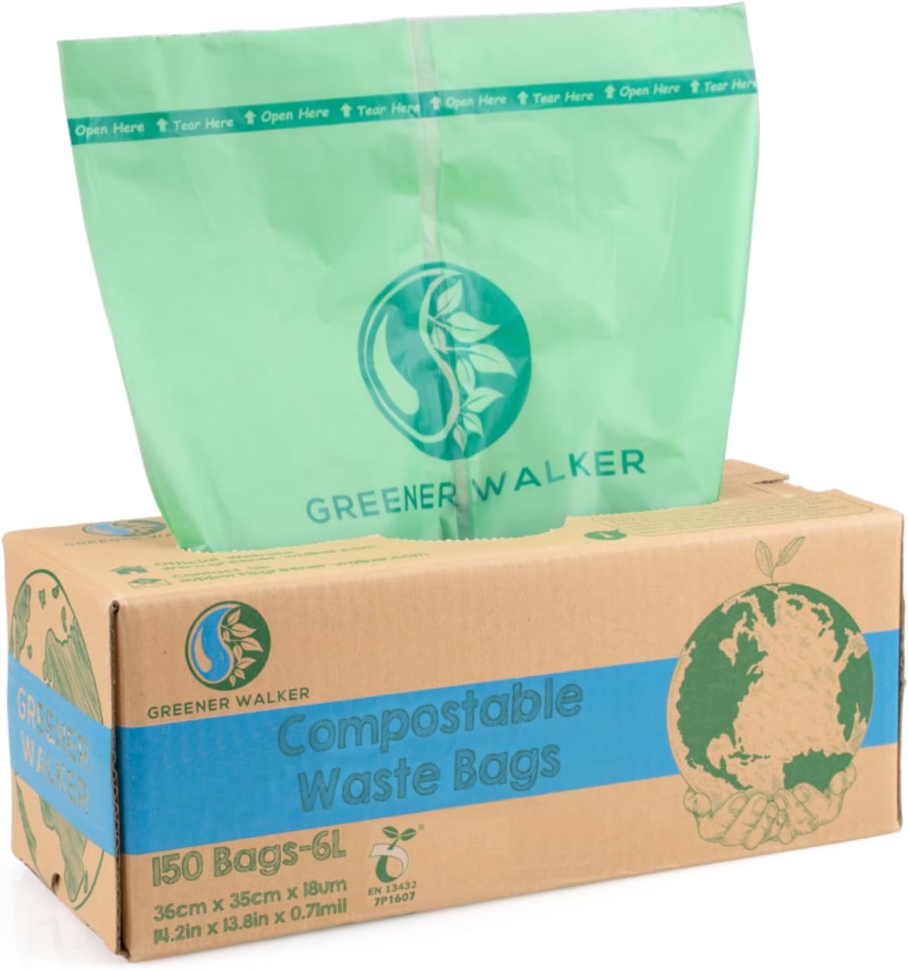 GREENER WALKER 100% Compostable Trash Bags, 1.6 Gallon-150Bags, Food Scrap Kitchen Waste Bags with EN13432 Certified