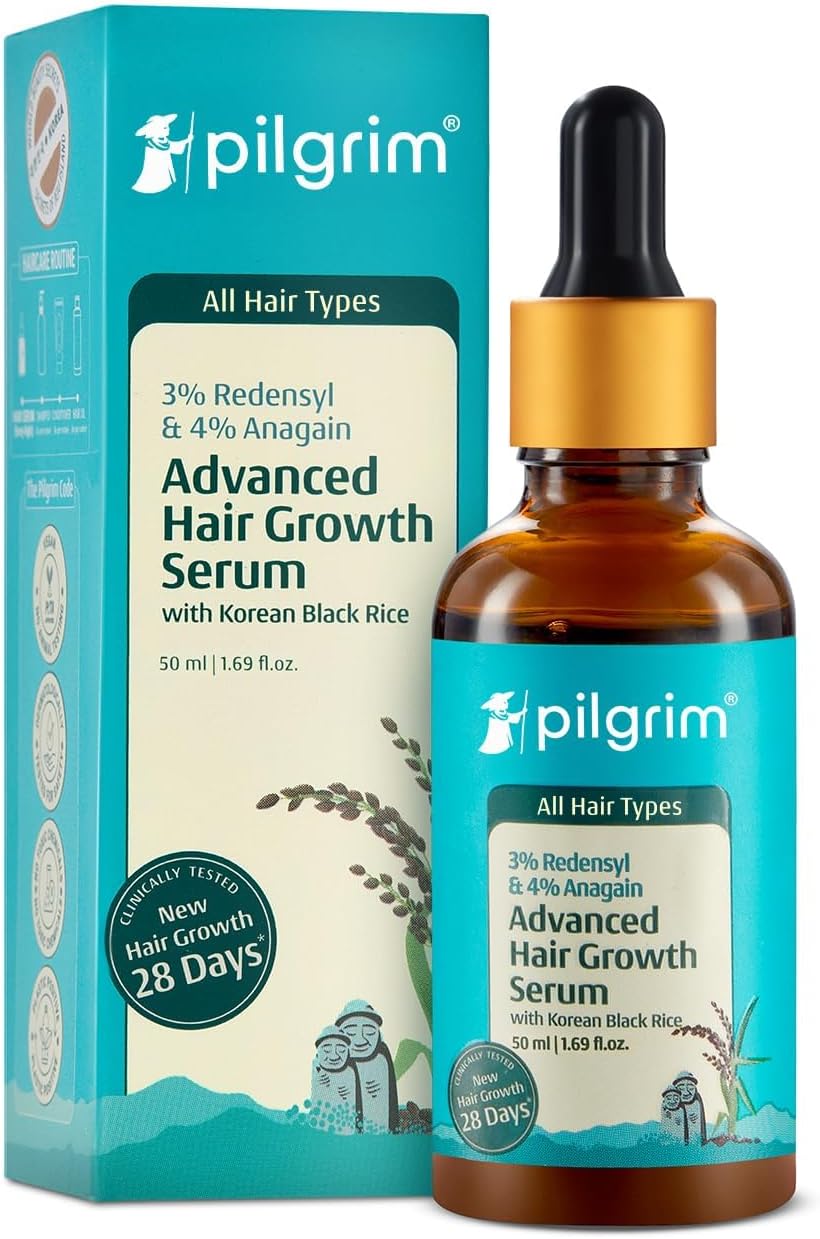 Pilgrim Redensyl 3%+Anagain 4% Advanced Hair Growth Serum for Scalp with Natural Ingredients Korean Black Rice,Controls Hair Fall,Increases Hair Density Hair Growth Serum for Unisex 1.69 Fl Oz (50ml)