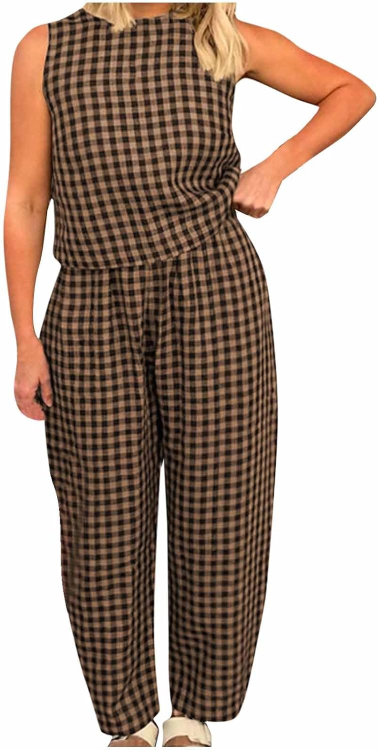 NSICBMNO Co Ord Sets For Women Summer Lounge Wear Sets Plaid Pyjamas Sleeveless Vest Tops Baggy Trousers 2 Piece Outfits Checked Pj Bottoms Cotton Tops Casual Tracksuit Gym Outfits Streetwear