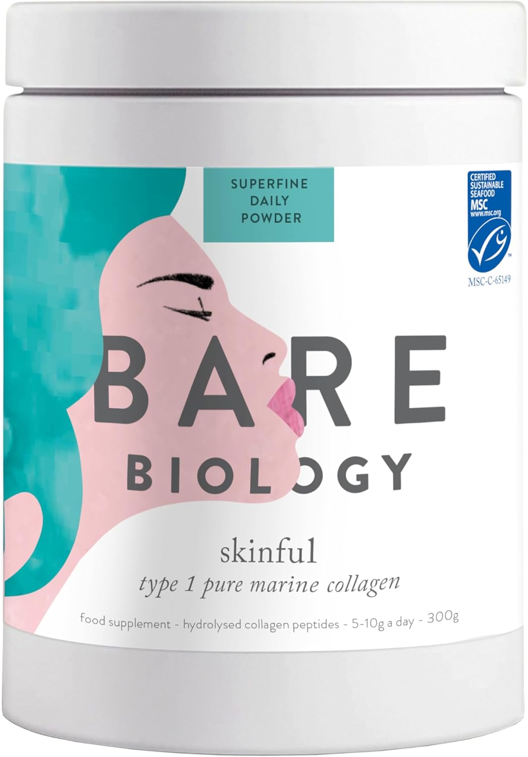 Bare Biology Skinful Pure Marine Collagen Powder. 300g/60 Servings. Premium Quality Type 1 Peptide Collagen Supplements for Women.