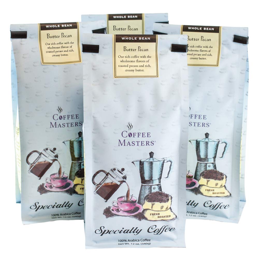 Coffee Masters Flavored Coffee, Butter Pecan, Whole Bean, 12-Ounce Bags (Pack of 4)