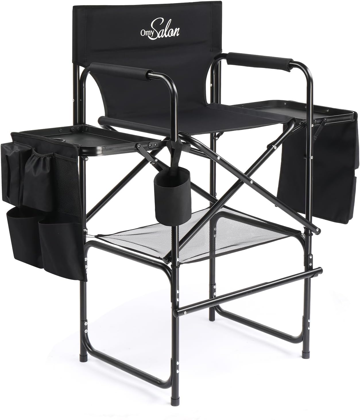 OmySalon Large Folding Director Chair with Side Table Storage Bag, Aluminum Frame, 300lb Capacity, Portable Bar Height for Makeup Artist, 50x62.5x116cm