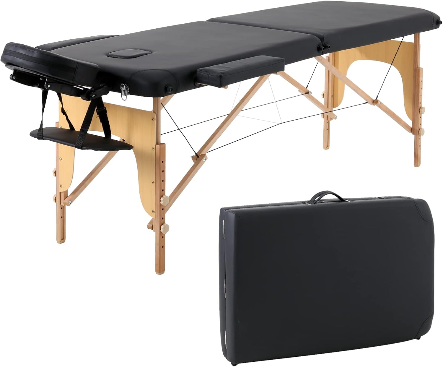 Panana 2 Sections Portable Massage Bed Wooden Legs Adjustable Height Folding Tattoo Table (Black)