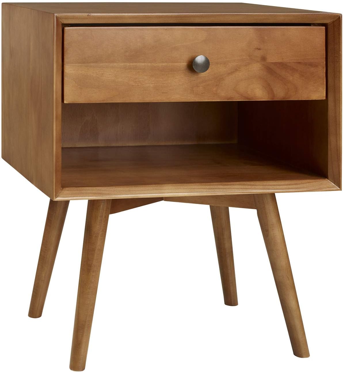 Walker Edison Mid Century Modern Wood Nightstand Side Table Bedroom Storage Drawer and Shelf Bedside End Table, 1 Drawer, Caramel