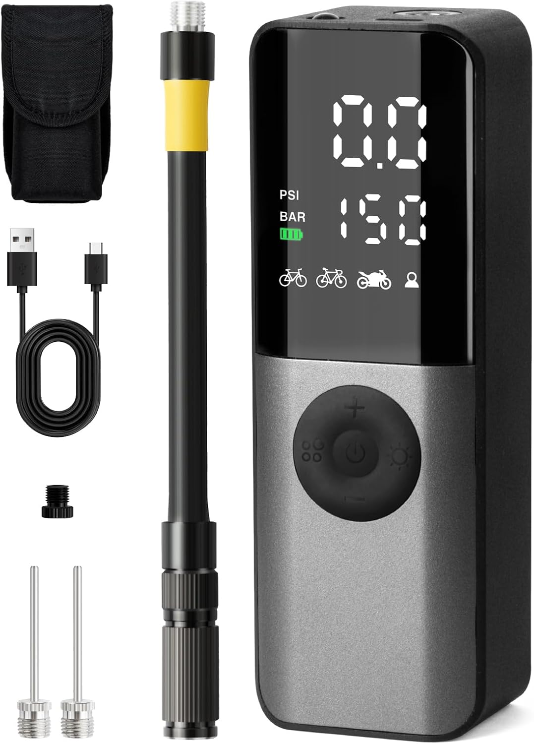 Electric Bike Pump, 150Psi Portable Bicycle Tire with Digital Pressure Gauge for E-Bike, Motorcycle with Presta, Schrader, Dunlop Valve Accessories