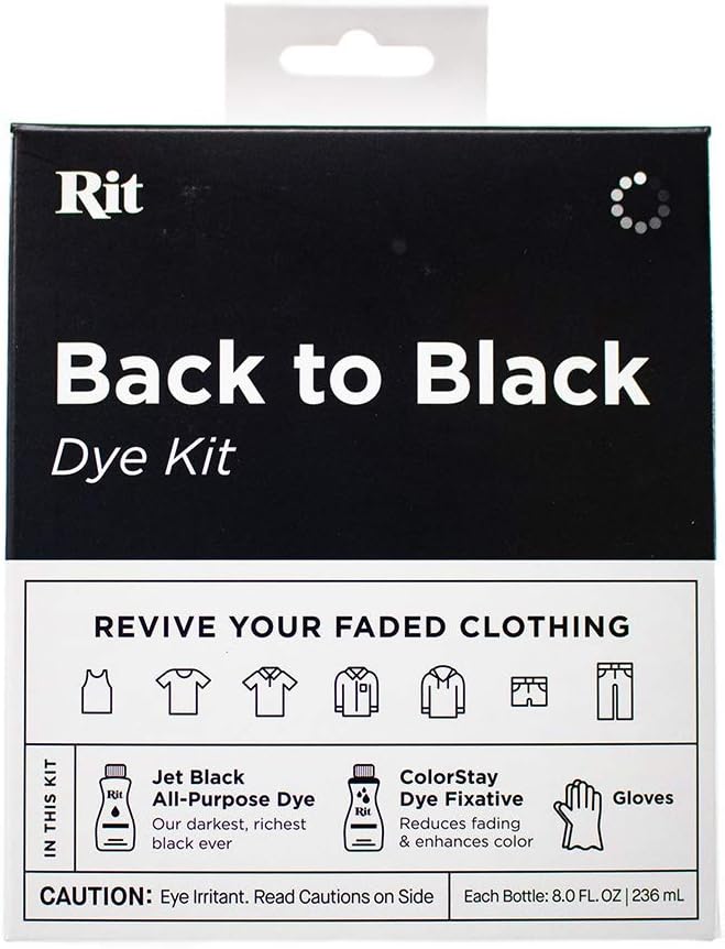 Rit Dye Back to Black Kit – Includes Jet Black All Purpose Dye, ColorStay Dye Fixative, & Gloves – Restore Faded Fabrics