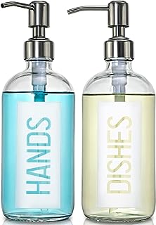 JASAI 2Pack 18OZ Glass Soap Dispenser with Rustproof 304 Stainless Steel Pump, Kitchen Soap Dispenser with Hands & Dishes Label, Refillable Dish Soap Dispenser for Kitchen (White)