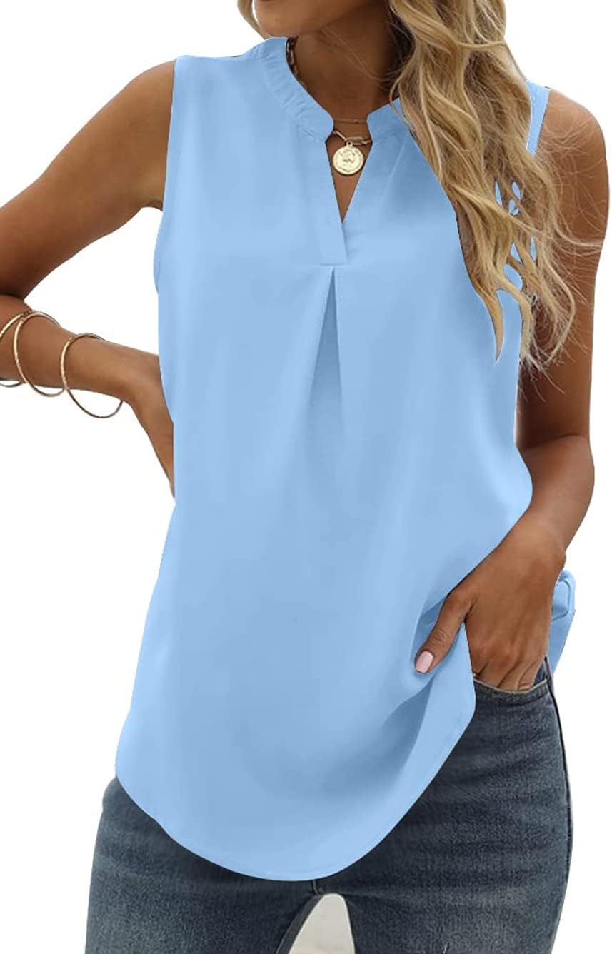 Famulily Womens Chiffon Tank Tops Pleated V Neck Sleeveless Summer Shirts Blouse Loose Casual Vest Tops S-XXL