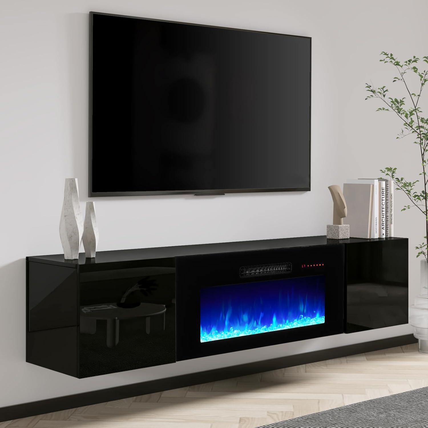 AMERLIFE Floating TV Stand with 36" Electric Fireplace, High Gloss Finish Wall Mounted Fireplace Entertainment Center with Storage for TVs Up to 78", Black