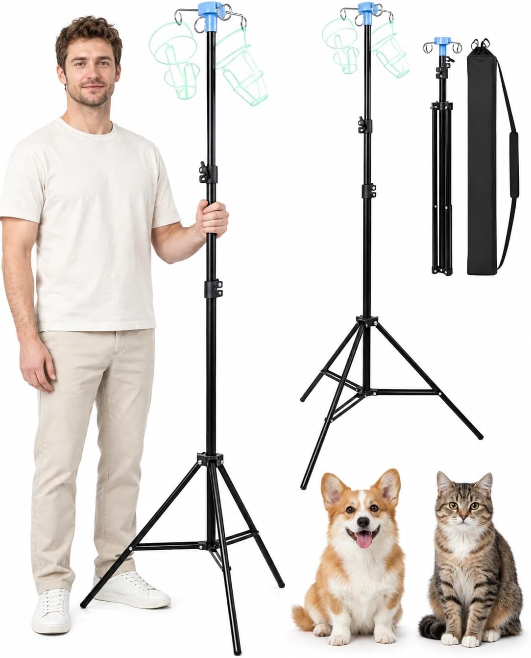 Portable IV Drip Stand, Foldable Tripod Infusion Bag Holder with 4 Hooks