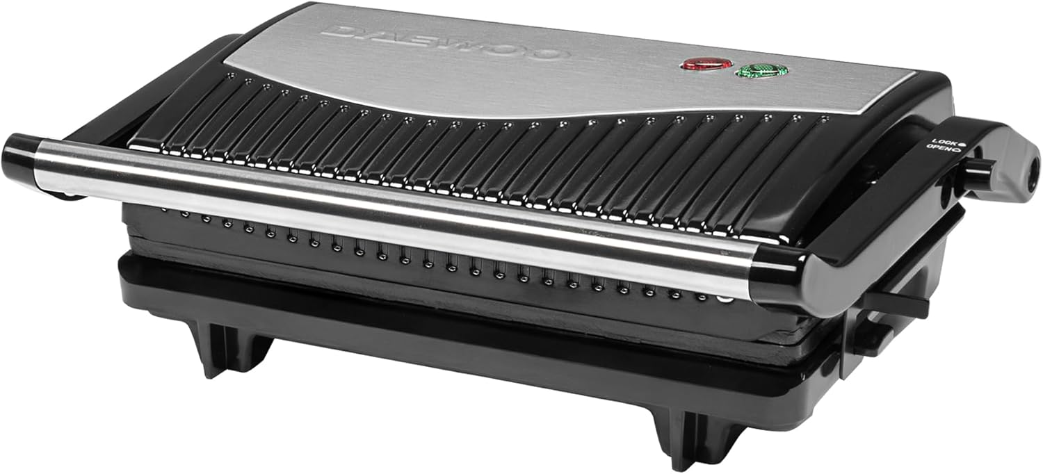 Daewoo Health Grill & Panini Press, 750W Electric Non-Stick Sandwich Maker with Floating Hinged Lid, Open Flat Grill, Drip Tray – Compact Tabletop Press for Meat, Veg & Toasties