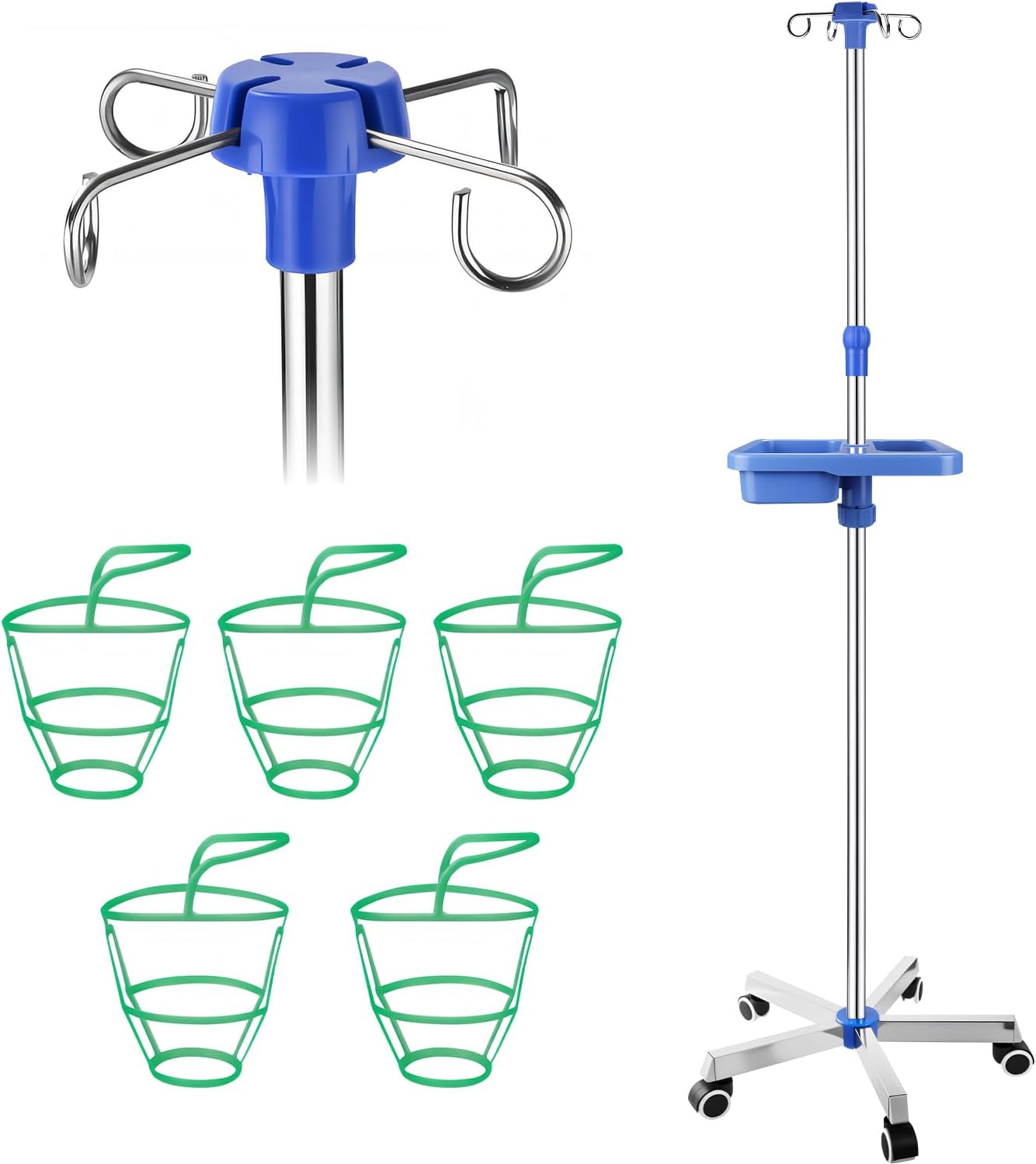 Stainless Steel IV Pole with Wheels - Adjustable Telescopic Infusion Stand, 22 Lbs Capacity, 4 Hooks & Storage Tray - Portable Mobile Drip Stand for Hospital, Clinic, Home and Elderly Care