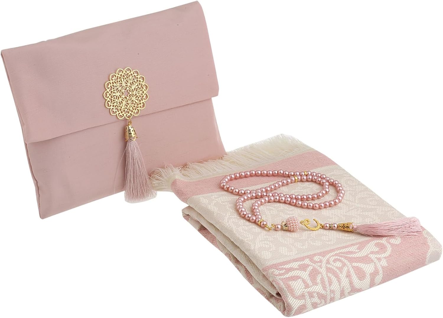 Prien Muslim Prayer Rug With Tasbih Beads and Portable Bag, Muslim Gift For Women Men, Mubarak Islamic Box, Soft Mat Gifts Set, Turkish Carpet For Ramadan, Eid, Hajj, Travel (Rose)