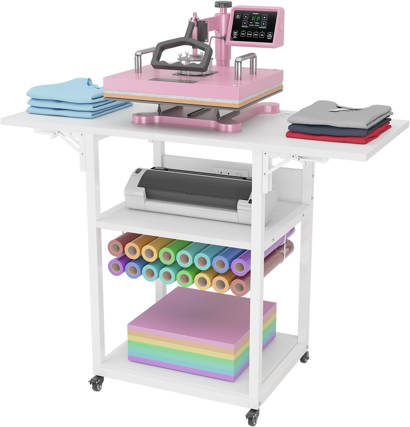 Foldable Heat Press Cart with Charging Station, 3 Tier Movable Heat Press Stand with Vinyl Roll Holder, Heavy Duty Metal Shelf Table for DIY Sublimation Transfer Machine and Printer, White