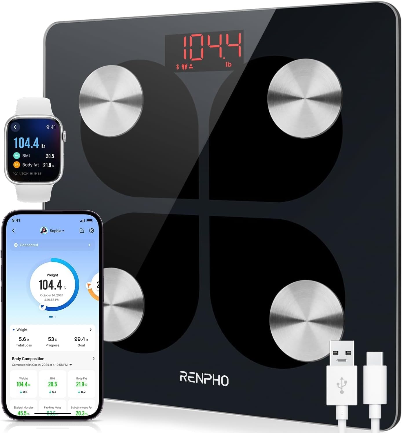 RENPHO Smart Scale for Body Weight, 8-Electrode Body Composition Scale with BMI, Body Fat, Muscle Mass, Rechargeable Body Fat Scale with Full-Color TFT LCD on Handle, MorphoScan Nova, Black