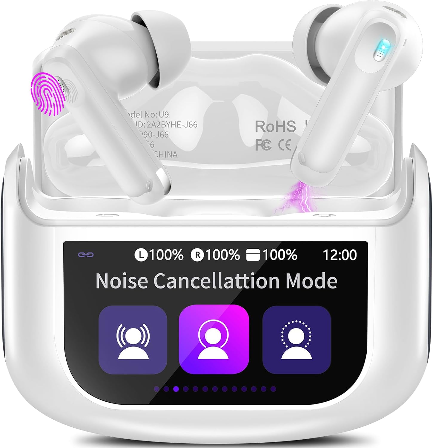 Thunelec Wireless Earbuds, 48H Smart Touch Screen Ear Buds Bluetooth 5.4 Headphones, ANC/ENC Noise Cancelling Mic Bluetooth Earbuds, 5 EQ Modes, HiFi Stereo, IPX7 Waterproof Wireless Earphones White