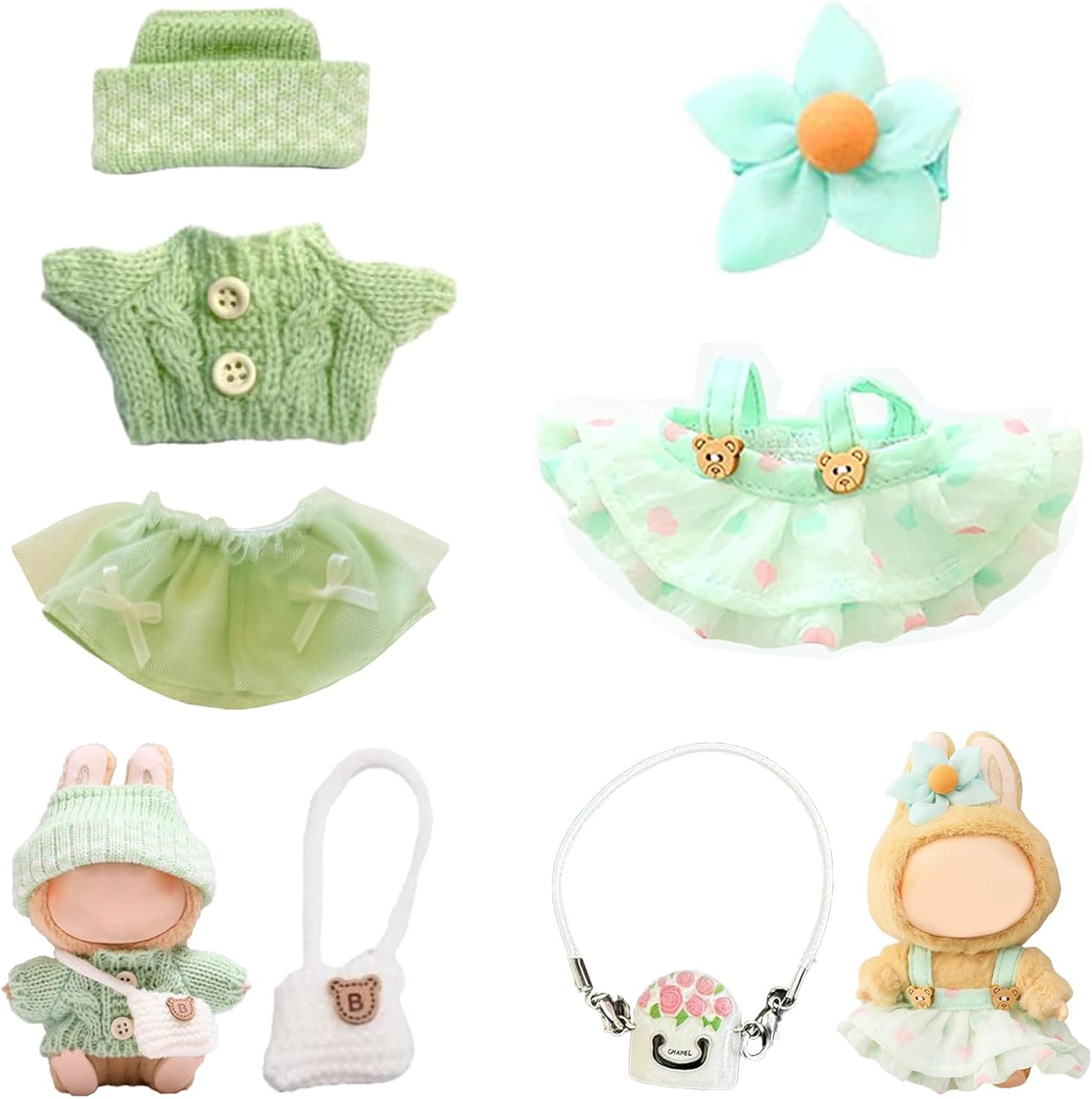 17cm Doll Clothes Set for labubu, 2 Sets of Green Clothing Sets for Doll, Doll Accessories Suit no Doll only Clothes