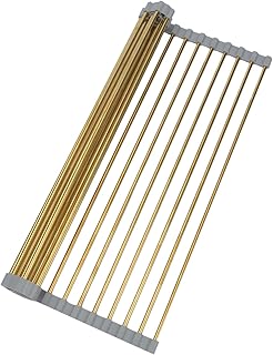 Snailhouse Roll Up Dish Drying Rack, Stainless Steel Dish Drainer Over The Sink with Anti-Slip Silicone for Kitchen Counter, Gold (17.8 x 11.8 in)