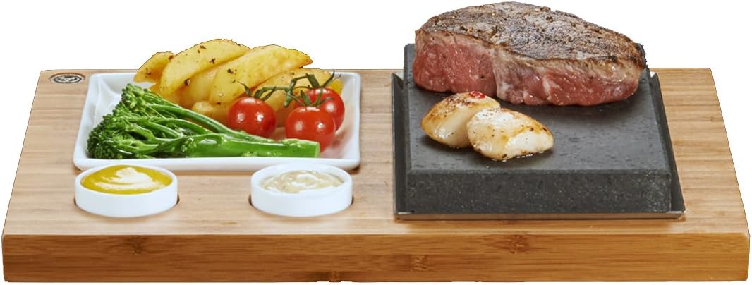 The SteakStones Steak, Sides and Sauces Set, an Official SteakStones Hot Stone Cooking Product. A Fun, Interactive Way to Enjoy Steak on The Stone Using Lava as seen on Dragons Den