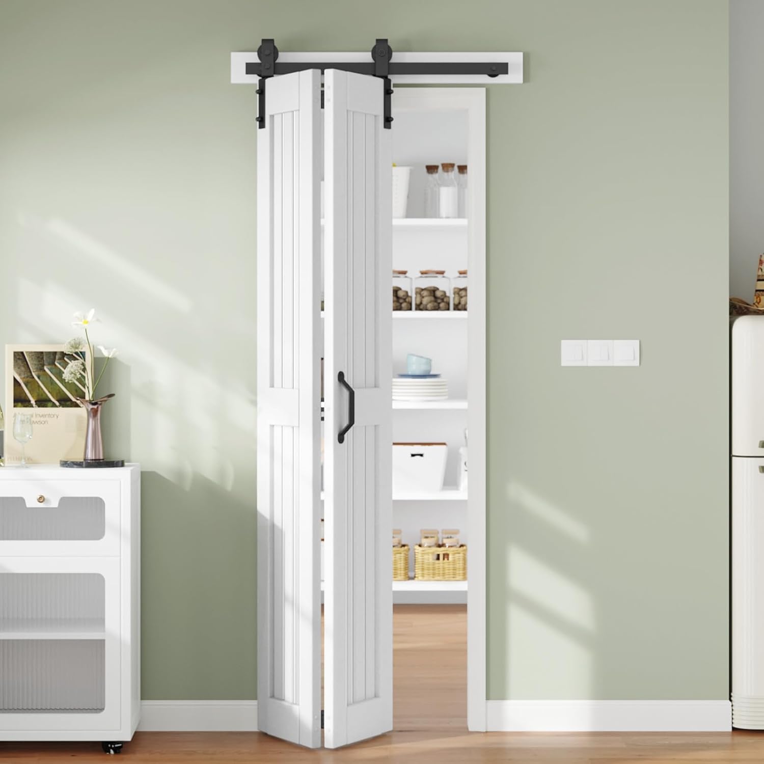 Bifold Barn Door 32 x 84 in (Double 16 inch)，Bi-fold Sliding Closet Doors with Hardware Track kit Included, 3ft Rail for 2 Doors, MDF Wood Panel,PVC Surface, Save Space,DIY Assembly, White