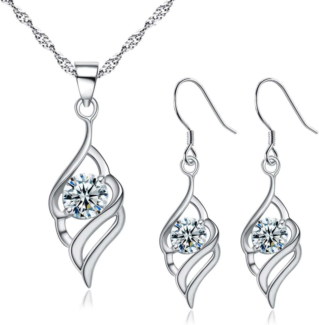 Silver Jewellery Set for Women, 925 Sterling Silver Angel Wing Jewelryset with Cubic Zirconia, Wing Pendant Necklace & Drop Dangle Hook Earrings Set, Fashion Jewelry Set for Wife Girlfriend