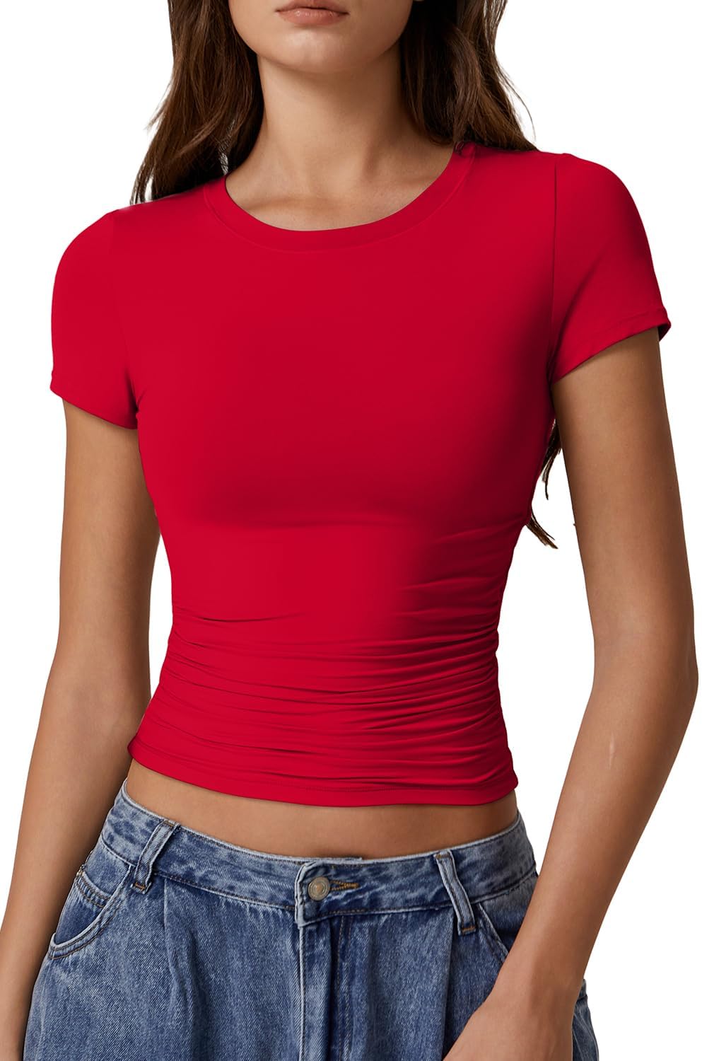 QINSEN Short Sleeve Shirts for Women Round Neck Basic Double Lined Tees Fitted Y2k Crop Tops