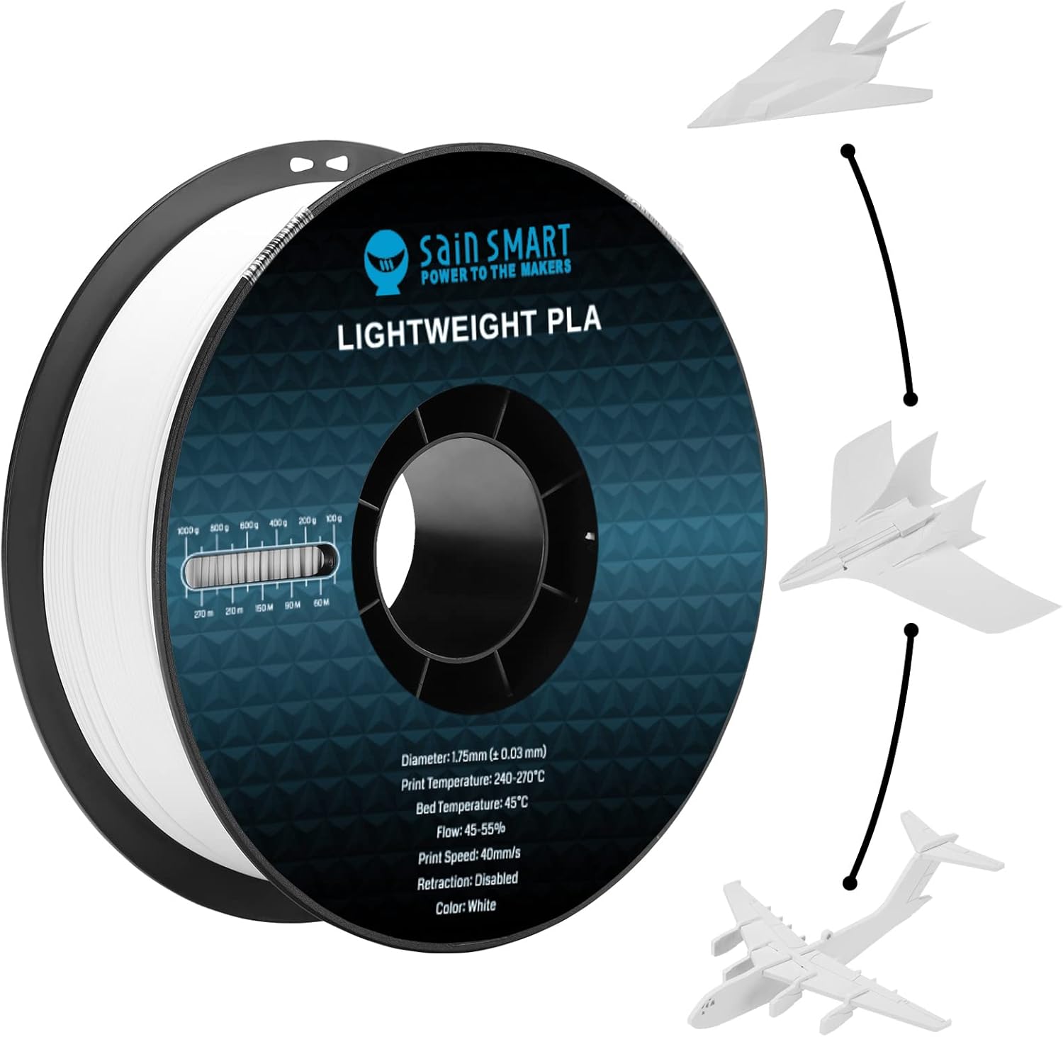 SainSmart Light Weight Filament 1.75mm, LW-PLA Low-Density Active Foaming 3D Printer Filament for RC Planes Drone Parts and Cosplay, White PLA Filament, 1KG