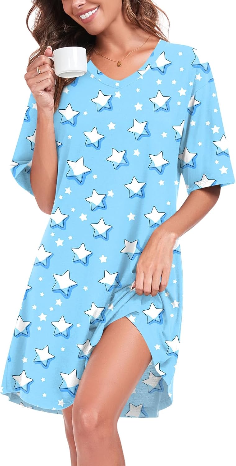 YVH Women's Nightdresses Short Sleeve V Neck Nightshirt Casual Nightwear Dresses Nighties Loungewear