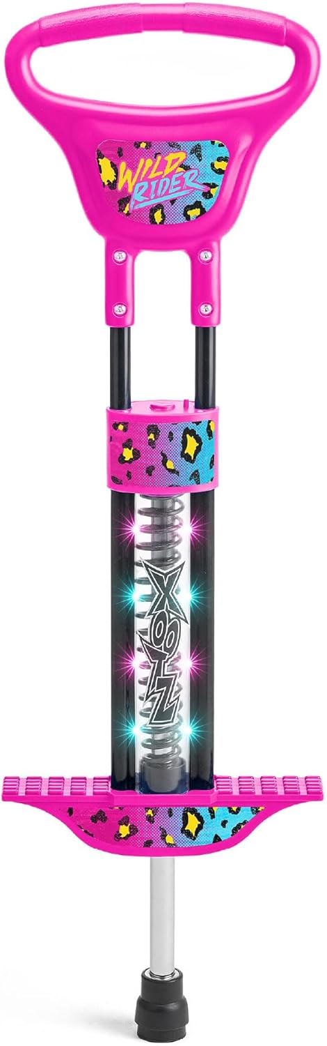 Xootz Wild Rider LED Pogo Stick for Kids, Light Up Bounce Toy, Girls & Boys Aged 5+, Pink Leopard Design