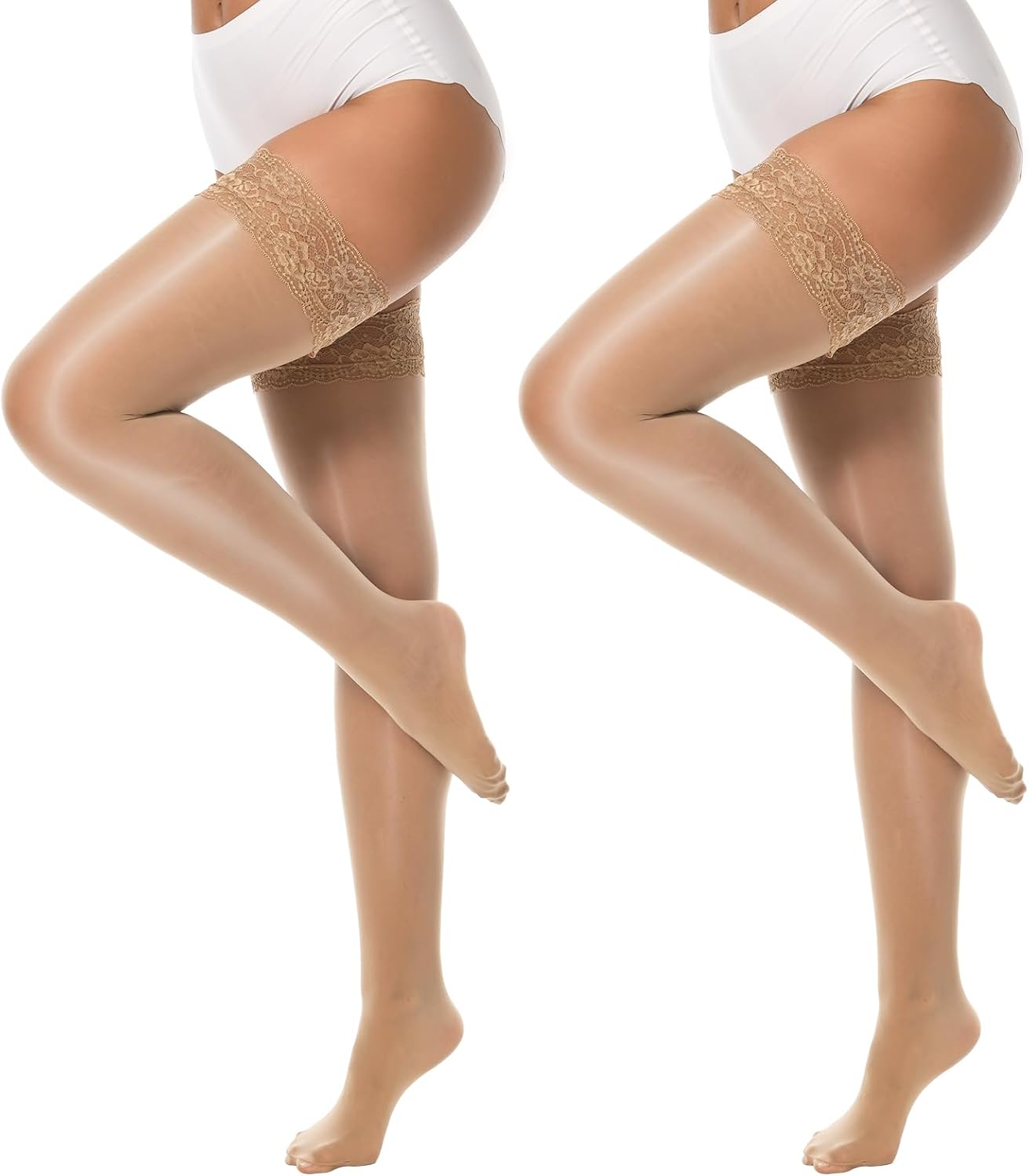 MANZI Shiny Thigh High Stockings Sexy Hold Ups Stockings Anti-Skid Silicone Silky Sheer Lace Top Lingerie Stocking for Women