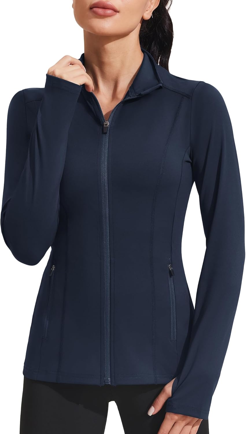 PINSPARK Women's Athletic Jackets Slim Fit Workout Jacket Full Zip Up Running Gym Yoga Sports Tops with Pockets