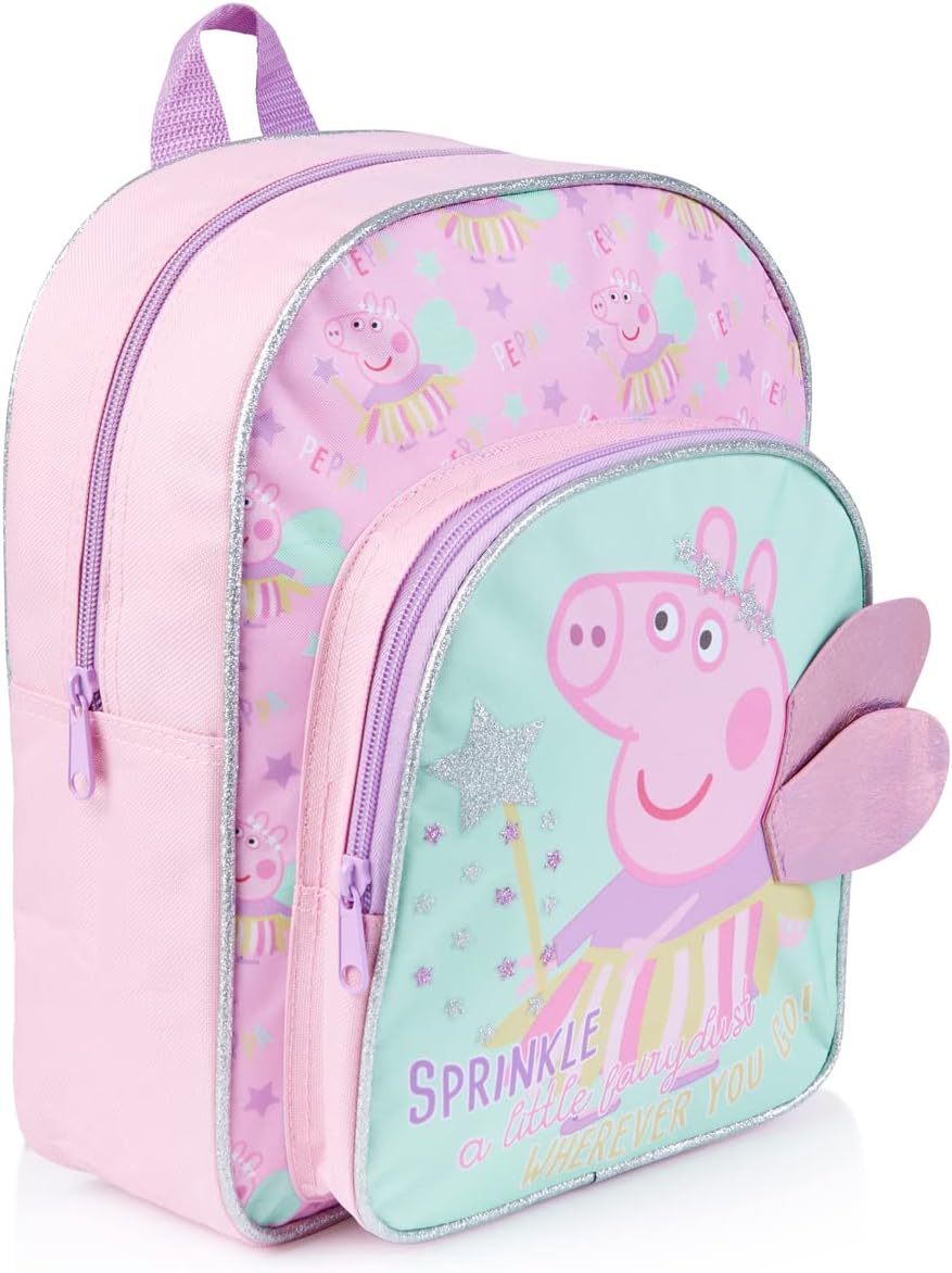 Peppa Pig Kids Backpack, Girls 3D Wings School Backpack With Glitter, Children School Bag, Nursery Or Preschool Bag, Kids Toddlers Travel Bag