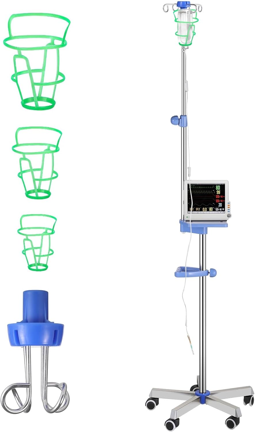 Varku Adjustable IV Pole with Wheels, Stainless Steel IV Drip Stand with Handle & Tray, Infusion Stand with 4 Hooks & 3 IV Bag Holders for Hospital Home Care (5 Wheels with Tray)