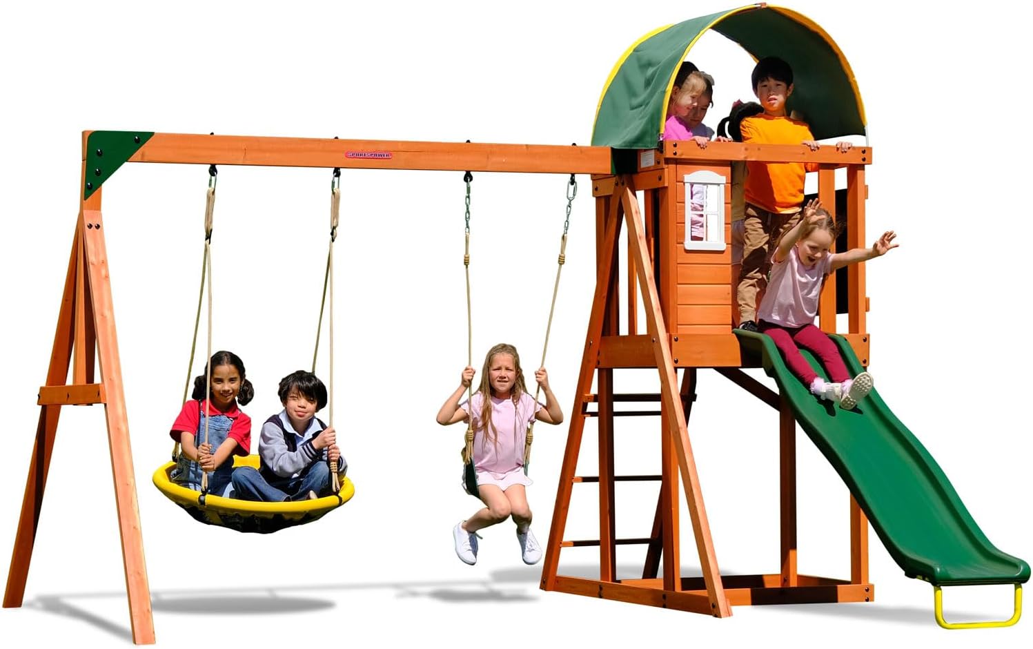 Sportspower Amelia Heavy Duty Wooden A-Frame Swing Set: Saucer + Adjustable Swing, 6ft Blow Molded Slide, Play Fort/Rock Climb Wall + Sandbox, EXCEEDS ASTM Safety Standards*Bonus Anchor Kit*